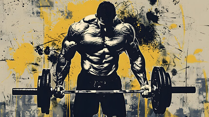 a strong athlete with large textured muscles holds a barbell with small metal pancakes. graffiti-sty