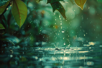 Poster - Water splash in the forest. Water is the source of life. A slide background for showcasing the importance of water. Background image. Created with Generative AI technology.