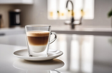 international Coffee Day. A transparent glass cup of coffee stands on the table in a modern bright kitchen. AI generation