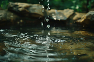 Poster - Water splash in the forest. Water is the source of life. A slide background for showcasing the importance of water. Background image. Created with Generative AI technology.