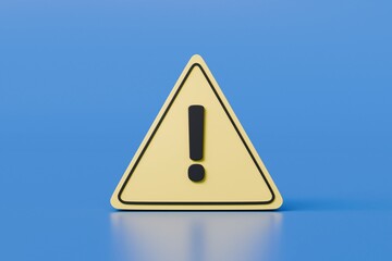 Wall Mural - 3d yellow triangle warning symbol icon. on isolated blue background. error alert safety concept. att