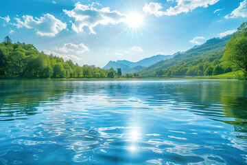 Poster - Lake in the mountains. Water is the source of life. A slide background for showcasing the importance of water. Background image. Created with Generative AI technology.