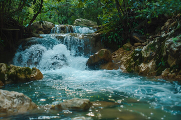 Poster - Waterfall in the forest. Water is the source of life. A slide background for showcasing the importance of water. Background image. Created with Generative AI technology.