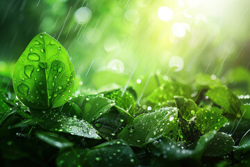 Poster - Water drops on green leaf. Water is the source of life. A slide background for showcasing the importance of water. Background image. Created with Generative AI technology.