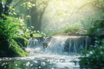 Poster - Waterfall in the forest. Water is the source of life. A slide background for showcasing the importance of water. Background image. Created with Generative AI technology.