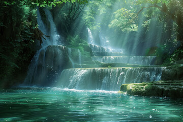Poster - Waterfall in the forest. Water is the source of life. A slide background for showcasing the importance of water. Background image. Created with Generative AI technology.