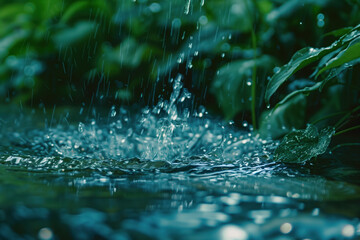 Poster - Water splash in the forest. Water is the source of life. A slide background for showcasing the importance of water. Background image. Created with Generative AI technology.