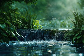 Poster - Water splash in the forest. Water is the source of life. A slide background for showcasing the importance of water. Background image. Created with Generative AI technology.