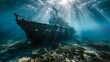 Sunlit Underwater Shipwreck Among Coral Reefs