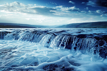 Poster - Waterfall on the river. Water is the source of life. A slide background for showcasing the importance of water. Background image. Created with Generative AI technology.