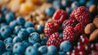 A close-up shot of an assortment of fresh berries and nuts, with a focus on blueberries, raspberries, and almonds against a blurred multicolored background.