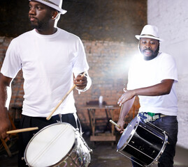 Night, drum or black people in band for carnival playing an instrument in festival in Rio de Janeiro. Brazil, show or group of male artists banging to create a beat in fun party or music performance