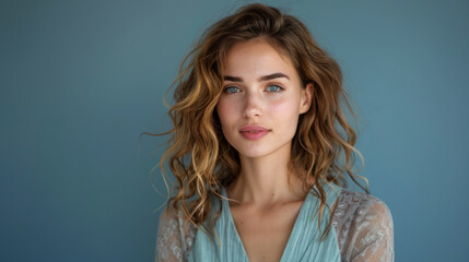 Wall Mural - Portrait of a young woman with natural makeup and curly hair, standing against a blue background, wearing a lacy light blue garment while looking directly at the camera.