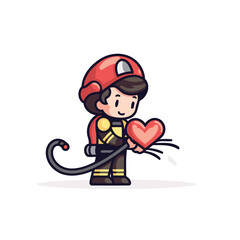 Wall Mural - Fireman holding a red heart. Vector illustration in cartoon style.