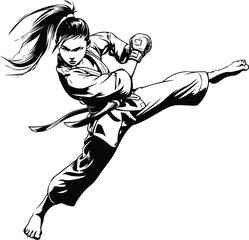 Sticker - karate girl. Black and white illustration of a karate girl.