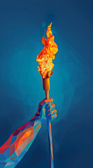 Poster - a hand holding the Olympic flame on a blue background