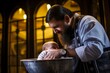 Photo of Orthodox priest baptizing a newborn baby in a traditional font of holy water