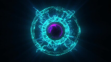 Wall Mural - Abstract circular blue sphere glowing with energetic magic molecule with atoms particles and cosmic dots and purple central core. Abstract background. 4k looped video, animation design. 3 spheres in 1