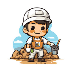 Wall Mural - Cute little boy working on the construction site. Vector illustration.