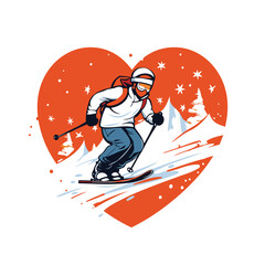 Wall Mural - Vector illustration of a skier in the shape of a heart.