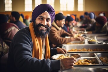 Wall Mural - Middle-aged Sikh granthi in his 40s serving langar (community meal) in the langar hall of a Canadian gurdwara