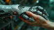 photo  of a robotic hand with advanced prosthetic technology gently touching a human hand, overlaid with transparent UI elements symbolizing AI intelligence. 