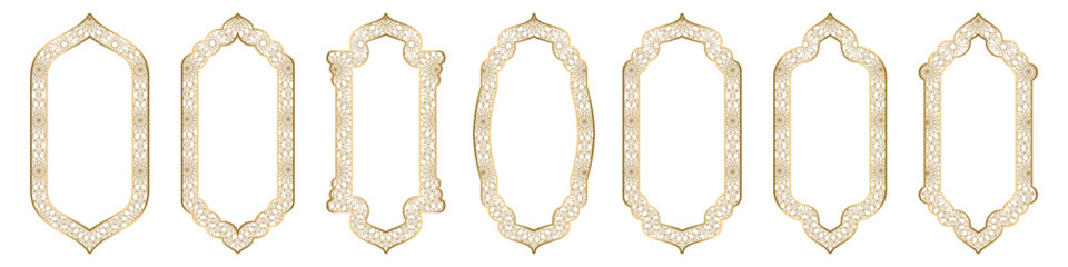 Wall Mural - Gold ornamental arabesque arch frame shape Islamic door or window with geometric girikh pattern, silhouette Arabic arch. Set in oriental style. Frames in Arabic Muslim design Ramadan Kareem. Vector