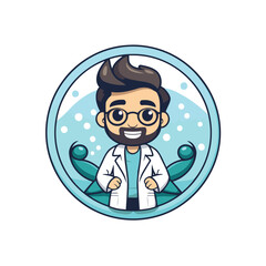 Canvas Print - Vector illustration of a cartoon doctor in a round badge. Vector illustration.