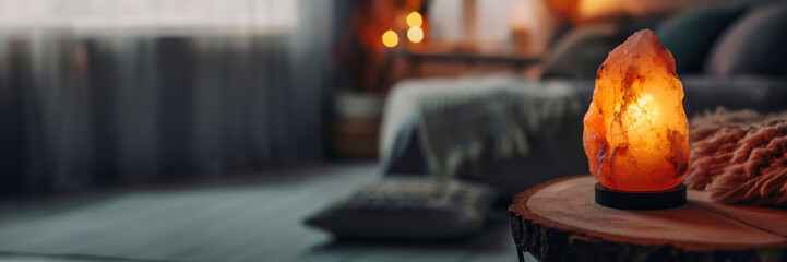 Banner of Himalayan pink salt lamp on table glows in warm light against blurred dark bedroom background with copy space for text