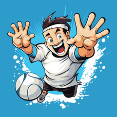 Sticker - Vector illustration of a soccer player jumping with ball on a blue background