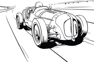 Sticker - illustration of a vintage race car on the road with motion blur