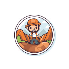 Wall Mural - Cute cartoon construction worker on the top of the mountain. Vector illustration.