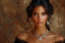 Beautiful Girl In 80s Retro Style, Glamorous Fashionable Woman With Makeup And Jewelry