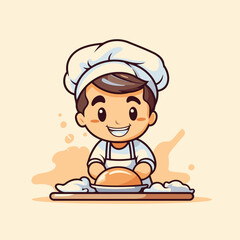 Poster - Cute boy chef in uniform and hat baking bread vector illustration.