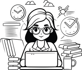 Sticker - Vector illustration of a girl with glasses working on a laptop. Black and white linear drawing.