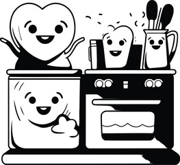 Poster - Cute and funny food in the kitchen. Black and white vector illustration.