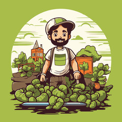 Canvas Print - Farmer with vegetables in the garden. Vector illustration. Cartoon style.