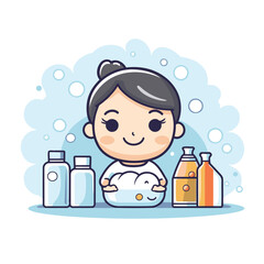 Poster - Cute little girl washing her face with soap. Vector illustration.