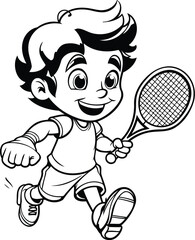 Sticker - Black and White Cartoon Illustration of a Kid Playing Tennis or Sport Coloring Book