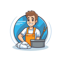 Poster - Cleaning service cartoon vector illustration. Man in apron with a bucket and broom.