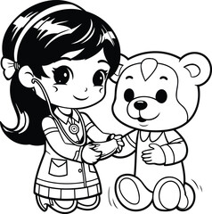 Sticker - Doctor and teddy bear - Black and White Cartoon Illustration. Vector