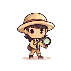 Sticker - Cute explorer girl in safari costume with camera vector Illustration