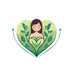 Sticker - Avatar of a woman with green leaves in a heart shape. Vector illustration.