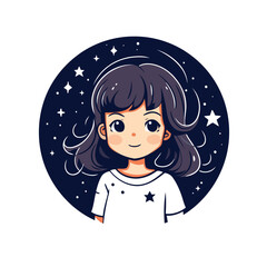 Sticker - Cute little girl in a night starry sky. Vector illustration.