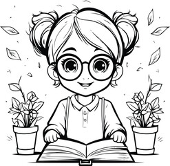 Sticker - Cute cartoon girl reading a book. Vector illustration for coloring book.