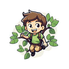 Sticker - Cute boy climbing on the tree. vector illustration isolated on white background.