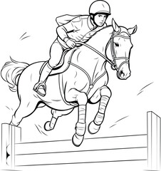 Poster - Jockey on horse jumping over obstacles. Black and white vector illustration.