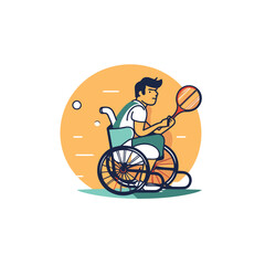 Poster - Disabled man in a wheelchair playing tennis. Flat style vector illustration.