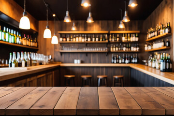 Aufkleber - Defocused background and bottles of restaurant bar or cafeteria background wooden table top for pro