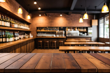 Aufkleber - Defocused background and bottles of restaurant bar or cafeteria background wooden table top for pro